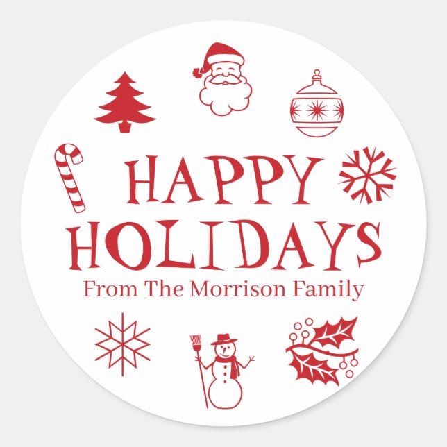 Pegatina Redonda Felices vacaciones nombre de costumbre blanco rojo (Anverso)