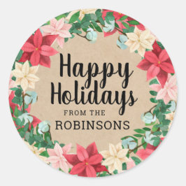 Pegatina Redonda Felices vacaciones Papel de Poinsettia Kraft