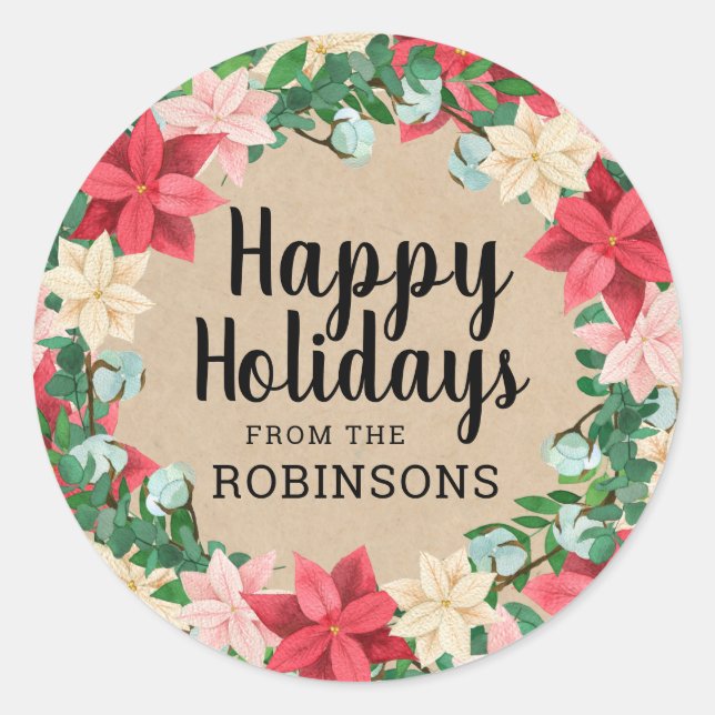 Pegatina Redonda Felices vacaciones Papel de Poinsettia Kraft (Anverso)