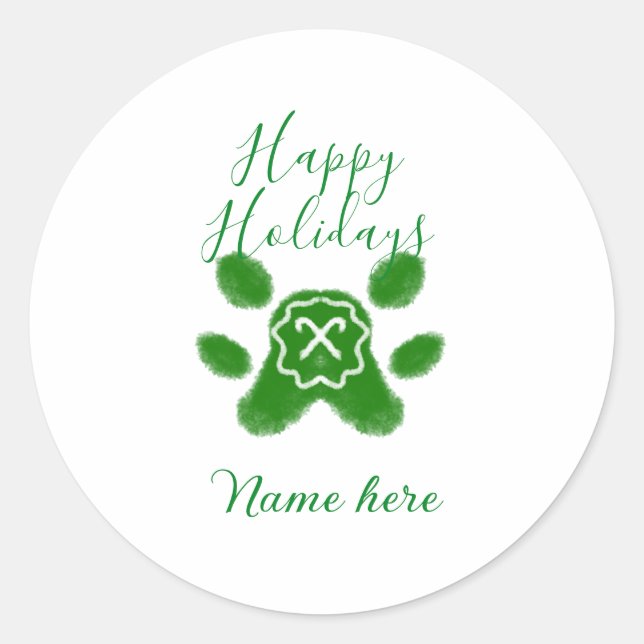 Pegatina Redonda Felices vacaciones perro mascota perro verde paw c (Anverso)