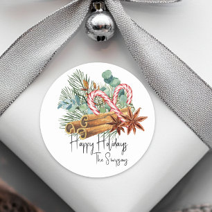Pegatina Redonda Felices vacaciones Pine Candy Cane Bouquet