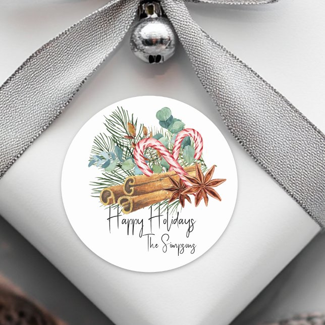 Pegatina Redonda Felices vacaciones Pine Candy Cane Bouquet (Subido por el creador)