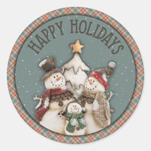Pegatina Redonda Felices vacaciones Snowmen