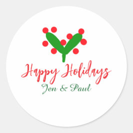 Pegatina Redonda Felices vacaciones verde pareja roja nombre hoja v