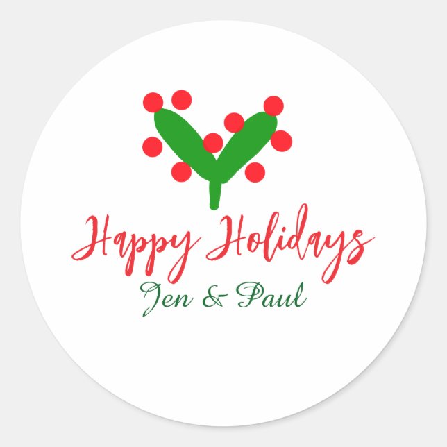 Pegatina Redonda Felices vacaciones verde pareja roja nombre hoja v (Anverso)