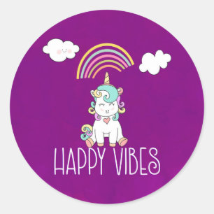 Pegatina Redonda Felices vibraciones sonrientes unicornio
