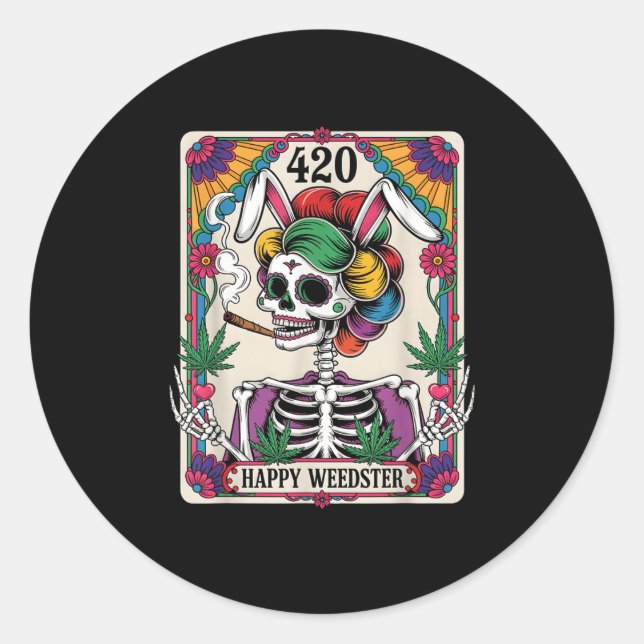 Pegatina Redonda Felices Weedster Pascua Skeleton Fumar Weed Tarot (Anverso)