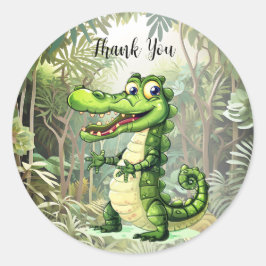 Pegatina Redonda Felices y salvajes árboles de selva de cocodrilos