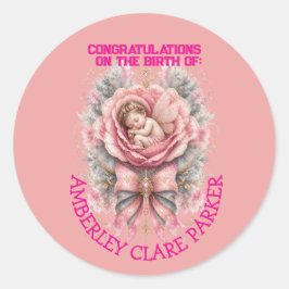 Pegatina Redonda Felicidades Bebé Hada niña Rosa Pink Nacimiento 
