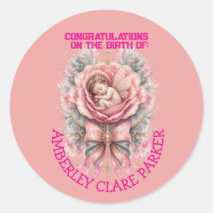 Pegatina Redonda Felicidades Bebé Hada niña Rosa Pink Nacimiento 