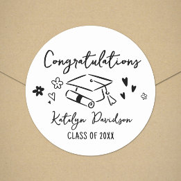 Pegatina Redonda Felicidades Clase de 2026 con Doodle Dibujado a Ma