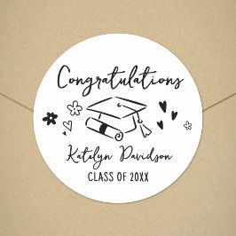 Pegatina Redonda Felicidades Clase de 2026 con Doodle Dibujado a Ma