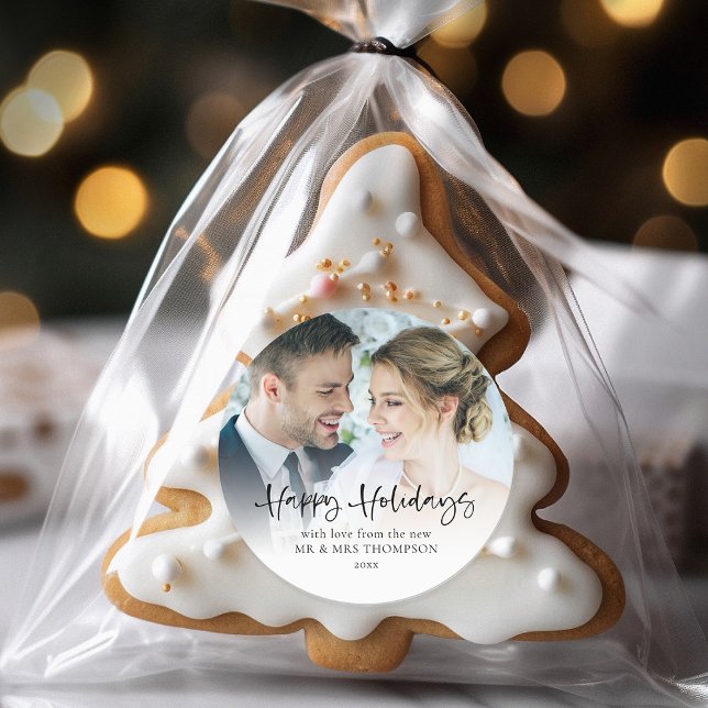 Pegatina Redonda Felicidades recién casados Overlay de foto de Navi (For your Winter Wedding favors and Christmas Gifts)