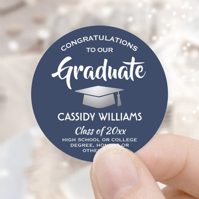 Pegatina Redonda Felicitaciones a la graduación en azul y blanco de (Subido por el creador)