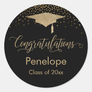 Pegatina Redonda Felicitaciones Black de la graduación de Gold Conf