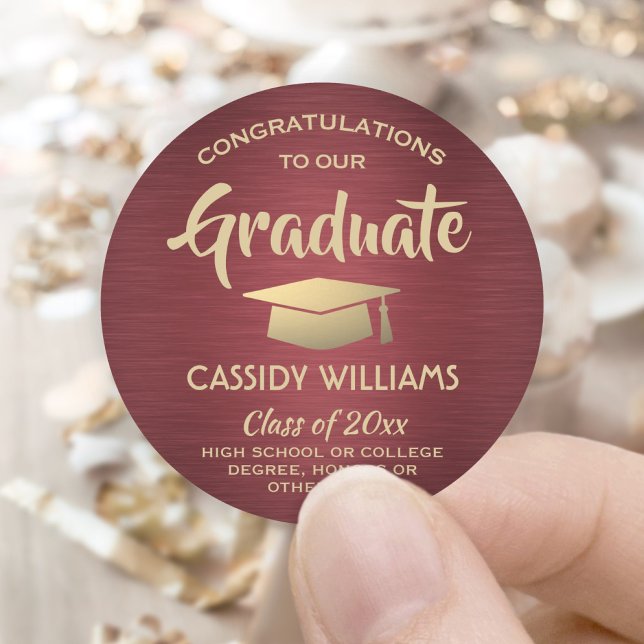 Pegatina Redonda Felicitaciones Borgoña Rojo y Graduación de Oro (Subido por el creador)
