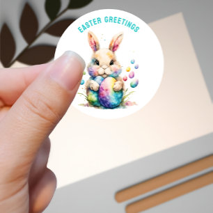 Pegatina Redonda Felicitaciones de Pascua Bunny y sus huevos pintad