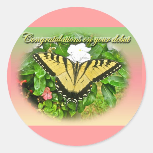 Pegatina Redonda Felicitaciones Debut Swallowtail Butterfly Items (Anverso)