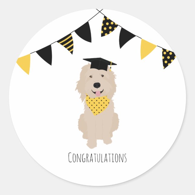 Pegatina Redonda Felicitaciones Doodle Dog Graduation Cap (Anverso)