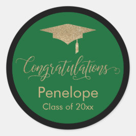 Pegatina Redonda Felicitaciones Gold Graduation Cap Green