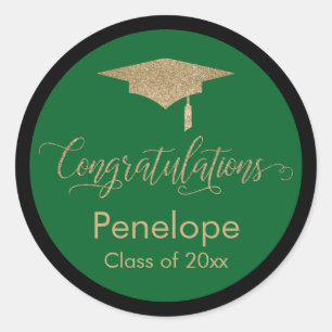 Pegatina Redonda Felicitaciones Gold Graduation Cap Green