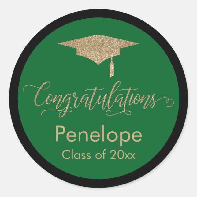 Pegatina Redonda Felicitaciones Gold Graduation Cap Green (Anverso)