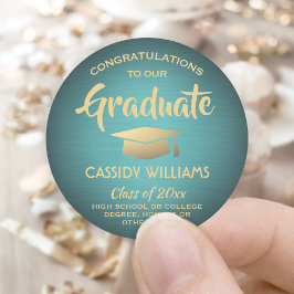 Pegatina Redonda Felicitaciones Graduación Moderna Turquesa y Dorad