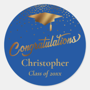 Pegatina Redonda Felicitaciones Graduado, Clase de Oro en Azul