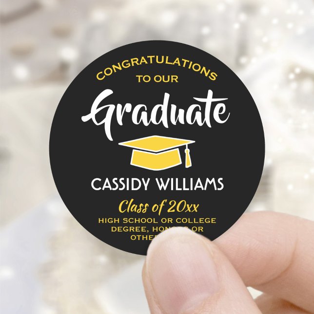 Pegatina Redonda Felicitaciones Graduado Negro y Graduación de Oro (Subido por el creador)