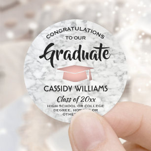 Pegatina Redonda Felicitaciones Marble & Pink Rose Gold Graduation