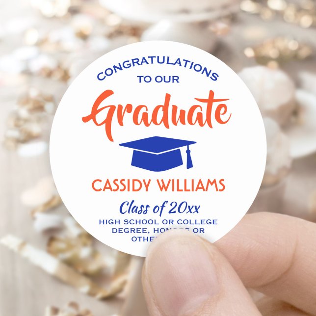 Pegatina Redonda Felicitaciones Naranja moderno y graduación azul (Subido por el creador)