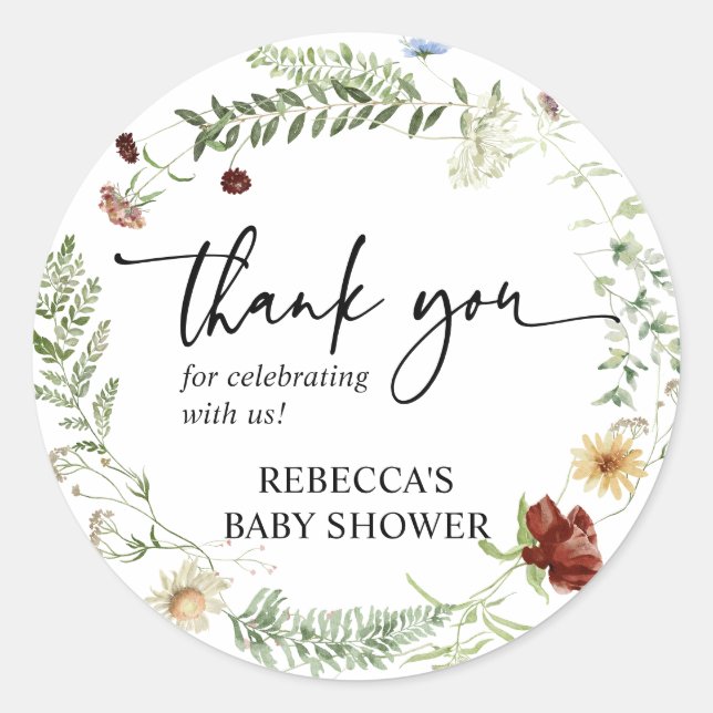 Pegatina Redonda Felicitaciones para Baby Shower de Flores Silvestr (Anverso)