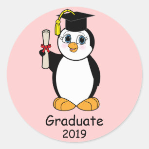 Pegatina Redonda Felicitaciones por graduación con Pingüino