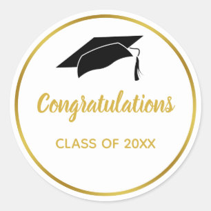 Pegatina Redonda Felicitaciones por graduación de oro blanco y fal