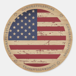 Pegatina Redonda Felicitaciones por la bandera estadounidense patri