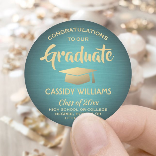 Pegatina Redonda Felicitaciones Verde azulada y Gold Trendy Graduat (Subido por el creador)