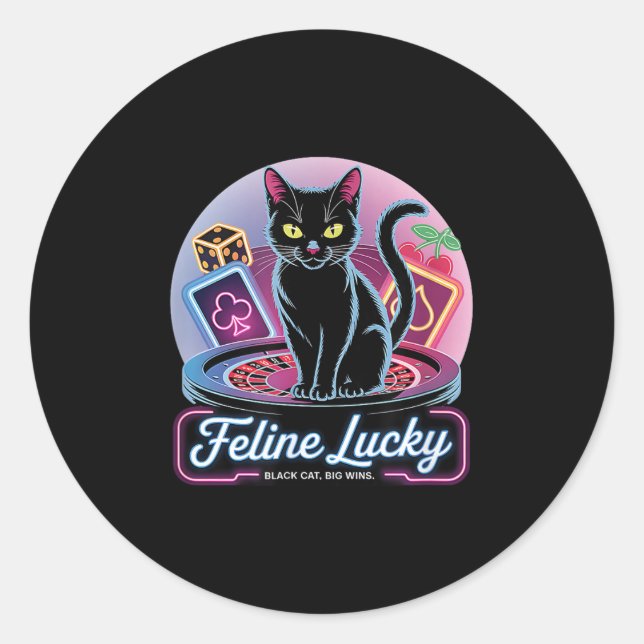 Pegatina Redonda Feline Lucky Gambling Casino Cat Game Player &amp; (Anverso)