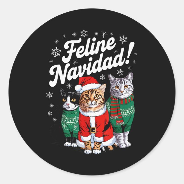 Pegatina Redonda Feline Navidad Funny Cat Christmas Holiday Xmas Sa (Anverso)