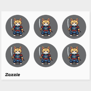 Pegatina Redonda Feline Samurai Warrior