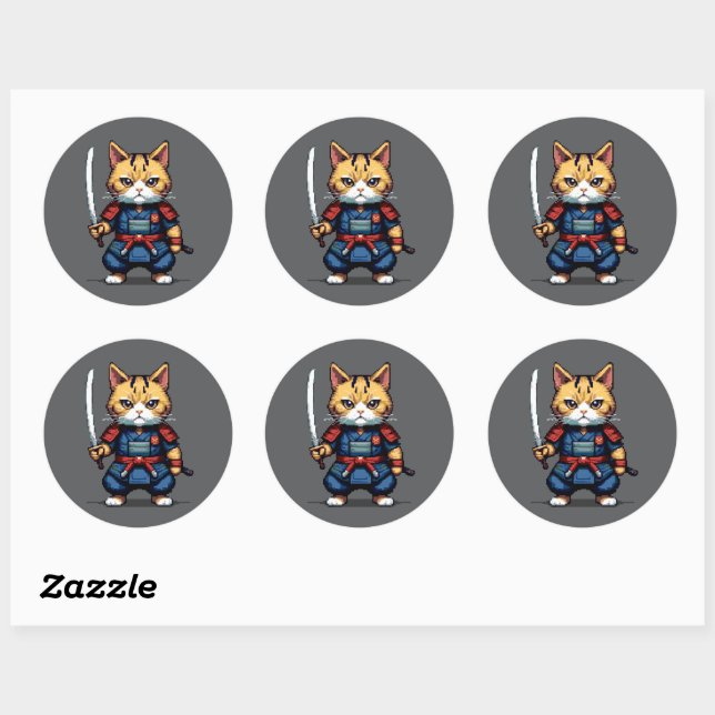 Pegatina Redonda Feline Samurai Warrior (Hoja)