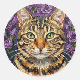 Pegatina Redonda Felino y floral | Gato atigrado gris artístico lin