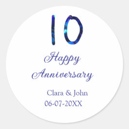 Pegatina Redonda Feliz 10º aniversario brillo azul añadir nombre fe