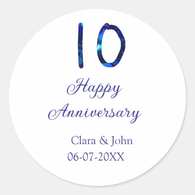 Pegatina Redonda Feliz 10º aniversario brillo azul añadir nombre fe (Anverso)