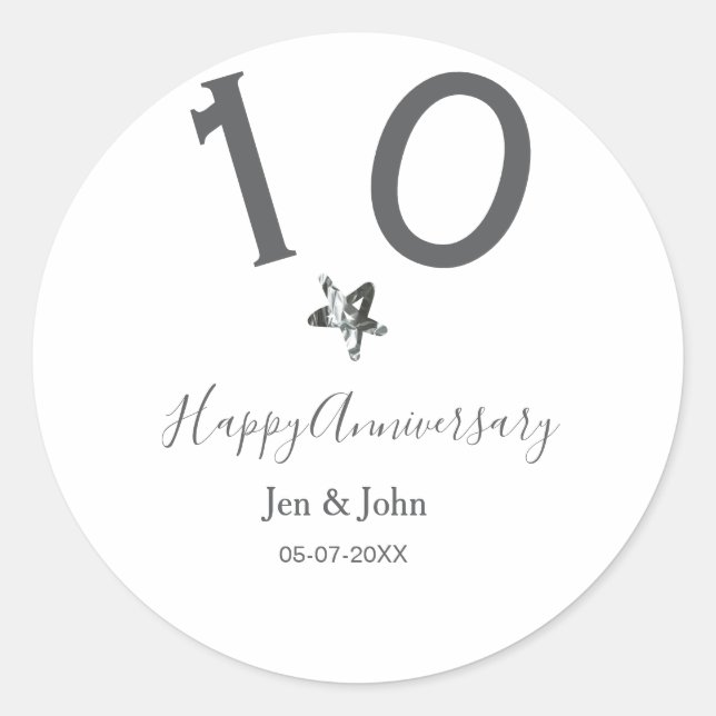 Pegatina Redonda Feliz 10º aniversario nombre fecha estrella de met (Anverso)