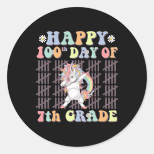 Pegatina Redonda Feliz 100° Día de 7º Grado Cute Unicorn Groovy G