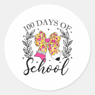 Pegatina Redonda Feliz 100 Días De Enseñanza De Lápiz De Coquette B