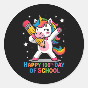 Pegatina Redonda Feliz 100 días de escuela lindo unicornio arcoíris
