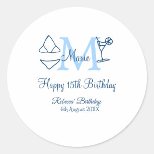 Pegatina Redonda Feliz 15 cumpleaños azul añadir nombre monograma b