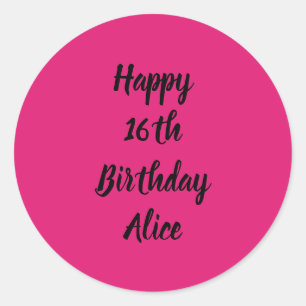 Pegatina Redonda Feliz 16º cumpleaños Pink Black Custom Name Girly