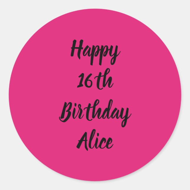 Pegatina Redonda Feliz 16º cumpleaños Pink Black Custom Name Girly (Anverso)